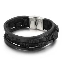 Partículas de acero Pulsera, con cable de piel de vaca, multicapa & para hombre, Negro, longitud:aproximado 8.66 Inch, Vendido por UD