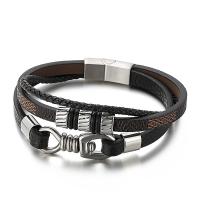 Partículas de acero Pulsera, con cable de piel de vaca, multicapa & para hombre, Negro, longitud:aproximado 8.26 Inch, Vendido por UD