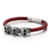 acero inoxidable 316L Pulsera, con cable de piel de vaca, Calavera, chapado en color dorado, teñido & para hombre, más colores para la opción, longitud:aproximado 8.46 Inch, Vendido por UD