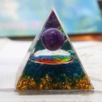 Resin Pyramid Decoration, with Gemstone & Brass, Pyramidal, gold color plated, epoxy gel, mixed colors, 60mm 