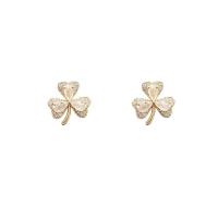 Cubic Zirconia Micro Pave Brass Earring, Three Leaf Clover, high quality gold color plated, fashion jewelry & micro pave cubic zirconia & for woman, golden 