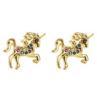 Cubic Zirconia Micro Pave Brass Earring, Unicorn, gold color plated, micro pave cubic zirconia & for woman 