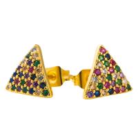 Cubic Zirconia Micro Pave Brass Earring, Triangle, gold color plated, micro pave cubic zirconia & for woman, multi-colored 