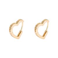 Brass Huggie Hoop Earring, Heart, gold color plated, micro pave cubic zirconia & for woman, 12mm 