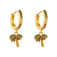 Huggie Hoop Drop Earring, Brass, Palm Tree, gold color plated, micro pave cubic zirconia & for woman, multi-colored 