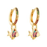 Huggie Hoop Drop Earring, Brass, Fish, gold color plated, micro pave cubic zirconia & for woman, multi-colored 