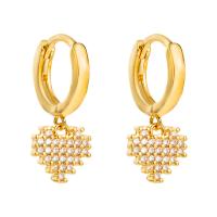 Huggie Hoop Drop Earring, Brass, Heart, gold color plated, micro pave cubic zirconia & for woman 