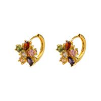 Brass Huggie Hoop Earring, Flower, 18K gold plated, micro pave cubic zirconia & for woman, multi-colored 