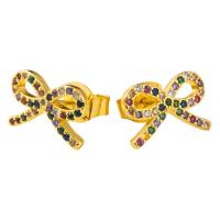 Cubic Zirconia Micro Pave Brass Earring, Bowknot, gold color plated, micro pave cubic zirconia & for woman & hollow, multi-colored 