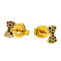 Cubic Zirconia Micro Pave Brass Earring, Bowknot, gold color plated, micro pave cubic zirconia & for woman, multi-colored 