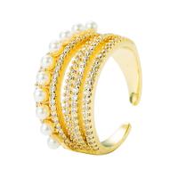 Brass Cuff Finger Ring, with Plastic Pearl, gold color plated, Adjustable & micro pave cubic zirconia & for woman 