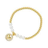 Cubic Zirconia Micro Pave Brass Bracelet, with Plastic Pearl, gold color plated, micro pave cubic zirconia & for woman Approx 6.69 Inch 