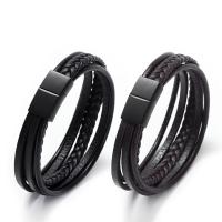 Bracelets de cuir de vachette, cuir de peau de vache, avec acier inoxydable 316L, Placage sous vide noir, bijoux de mode & multicouche & longueur différente pour le choix, plus de couleurs à choisir, Vendu par PC