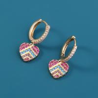 Huggie Hoop Drop Earring, Brass, Heart, gold color plated, fashion jewelry & micro pave cubic zirconia & for woman, multi-colored 