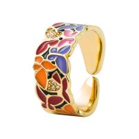 Brass Cuff Finger Ring, gold color plated, Adjustable & micro pave cubic zirconia & for woman & enamel 