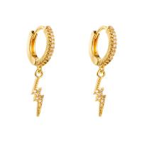 Huggie Hoop Drop Earring, Brass, Lightning Symbol, gold color plated, micro pave cubic zirconia & for woman 