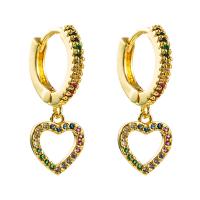 Huggie Hoop Drop Earring, Brass, Heart, gold color plated, micro pave cubic zirconia & for woman & hollow, multi-colored 