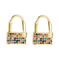 Brass Huggie Hoop Earring, Lock, gold color plated, micro pave cubic zirconia & for woman 