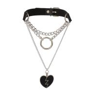 PU Collier Cordon, cuir PU, avec alliage de zinc, coeur, Placage de couleur argentée, bijoux de mode & multicouche & le style de punk, noire Vendu par PC