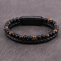 Microfibre PU bracelet, avec oeil de tigre & acier inoxydable 316L, Placage sous vide, bracelet tressé & normes différentes pour le choix & pour homme, noire, Vendu par PC