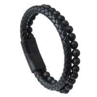 Microfibre PU bracelet, avec Pierre volcanique artificielle & oeil de tigre & acier inoxydable 316L, Placage sous vide, Double couche & bracelet tressé & normes différentes pour le choix & pour homme, plus de couleurs à choisir, Vendu par PC