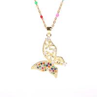 Cubic Zircon Micro Pave Brass Necklace, Butterfly, gold color plated, micro pave cubic zirconia & for woman & enamel & hollow, multi-colored 