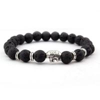 Lava Bead Bracelet, with Zinc Alloy, Elephant, silver color plated, elastic & Unisex, black, 8mm .5 Inch 