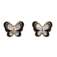 Brass Stud Earring, Butterfly, gold color plated, for woman & enamel 