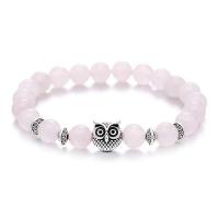 Rose Quartz Bracelet, with Zinc Alloy, Owl, silver color plated, elastic & Unisex, pink, 8mm .5 Inch 