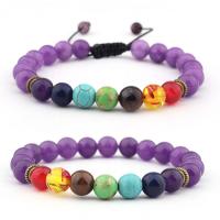 Edelstein Armbänder, Amethyst, mit Terylen Schnur & Edelstein & Zinklegierung, rund, goldfarben plattiert, unisex & verschiedene Stile für Wahl, gemischte Farben, 8mm, Länge:7.5 ZollInch, verkauft von PC