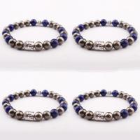 Bracelets magnétiques de pierre gemme, hématite non magnétique, avec Lapis lazuli & alliage de zinc, bouddha, Placage de couleur argentée, élastique & unisexe, couleurs mélangées, 8mm .5 pouce, Vendu par PC