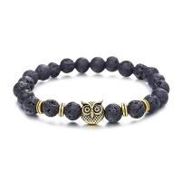 Lava Bead Bracelet, with Zinc Alloy, Owl, gold color plated, elastic & Unisex, black, 8mm 