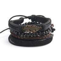 cuir de peau de vache Set de bracelet, avec bois & alliage de zinc, avec 8-9cm chaînes de rallonge, feuille, Plaqué de couleur de bronze antique, 4 pièces & Réglable & bijoux de mode & pour homme, noire cm, Vendu par fixé