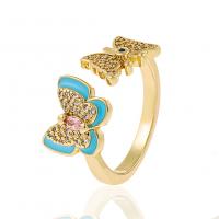 Brass Cuff Finger Ring, Butterfly, gold color plated, Adjustable & micro pave cubic zirconia & for woman & enamel 