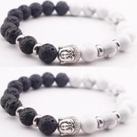 Edelstein Armbänder, Lava, mit Magnesit & Zinklegierung, Buddha, silberfarben plattiert, elastisch & unisex, gemischte Farben, 8mm, Länge:7.5 ZollInch, verkauft von PC