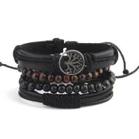 Cuero de vaca Pulsera, con Cáñamo & Cuero de PU & madera, con 8-9cm extender cadena, Árbol de la vida, chapado en color de plata, 4 piezas & Ajustable & Joyería & para hombre, Negro, longitud:17-18 cm, Vendido por Set