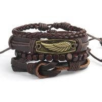 Cuero de vaca Pulsera, con madera & aleación de zinc, con 8-9cm extender cadena, Ala, chapado en color bronce antiguo, 4 piezas & Ajustable & Joyería & para hombre, marrón, longitud:17-18 cm, Vendido por Set