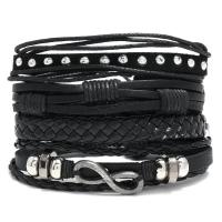 PU Leather Cord Bracelets, with Cowhide & Wax Cord & Copper Coated Plastic & Zinc Alloy, polished, 4 pieces & fashion jewelry & Unisex, black 