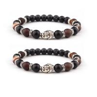 Edelstein Armbänder, Kaffee Achat, mit Abrazine Stein & Zinklegierung, Buddha, silberfarben plattiert, elastisch & unisex, gemischte Farben, 8mm, Länge:7.5 ZollInch, verkauft von PC