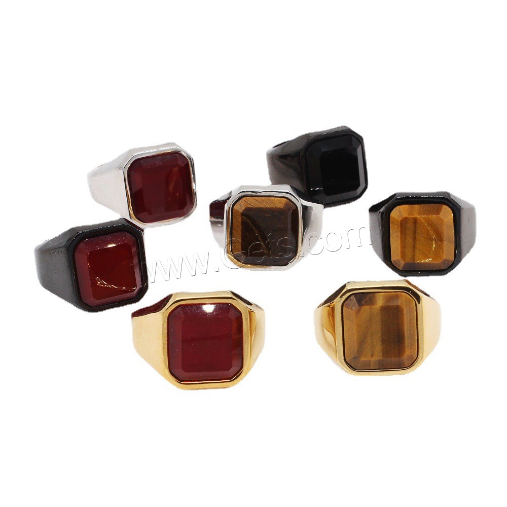 Gemstone Stainless Steel Finger Ring, 304 Stainless Steel, with Tiger Eye & Black Stone & Red Jasper, Square, Vacuum Ion Plating, different size for choice & for man, more colors for choice, US Ring Size:7-12, Sold By PC