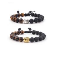 Edelstein Armbänder, Tigerauge, mit Terylen Schnur & Lava & Zinklegierung, Buddha, plattiert, unisex & einstellbar, keine, 8mm, Länge:7.5 ZollInch, verkauft von PC