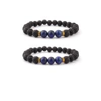 Edelstein Armbänder, Lava, mit Lapislazuli & Zinklegierung, rund, goldfarben plattiert, elastisch & unisex, gemischte Farben, 8mm, Länge:7.5 ZollInch, verkauft von PC