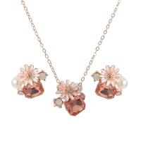 Strass Zink Legierung Schmuck Set, Zinklegierung, Stud Ohrring & Halskette, mit Kunststoff Perlen, Rósegold-Farbe plattiert, 2 Stück & für Frau & mit Strass, Roségold, 18*18mm, Länge:ca. 15.75 ZollInch, verkauft von setzen