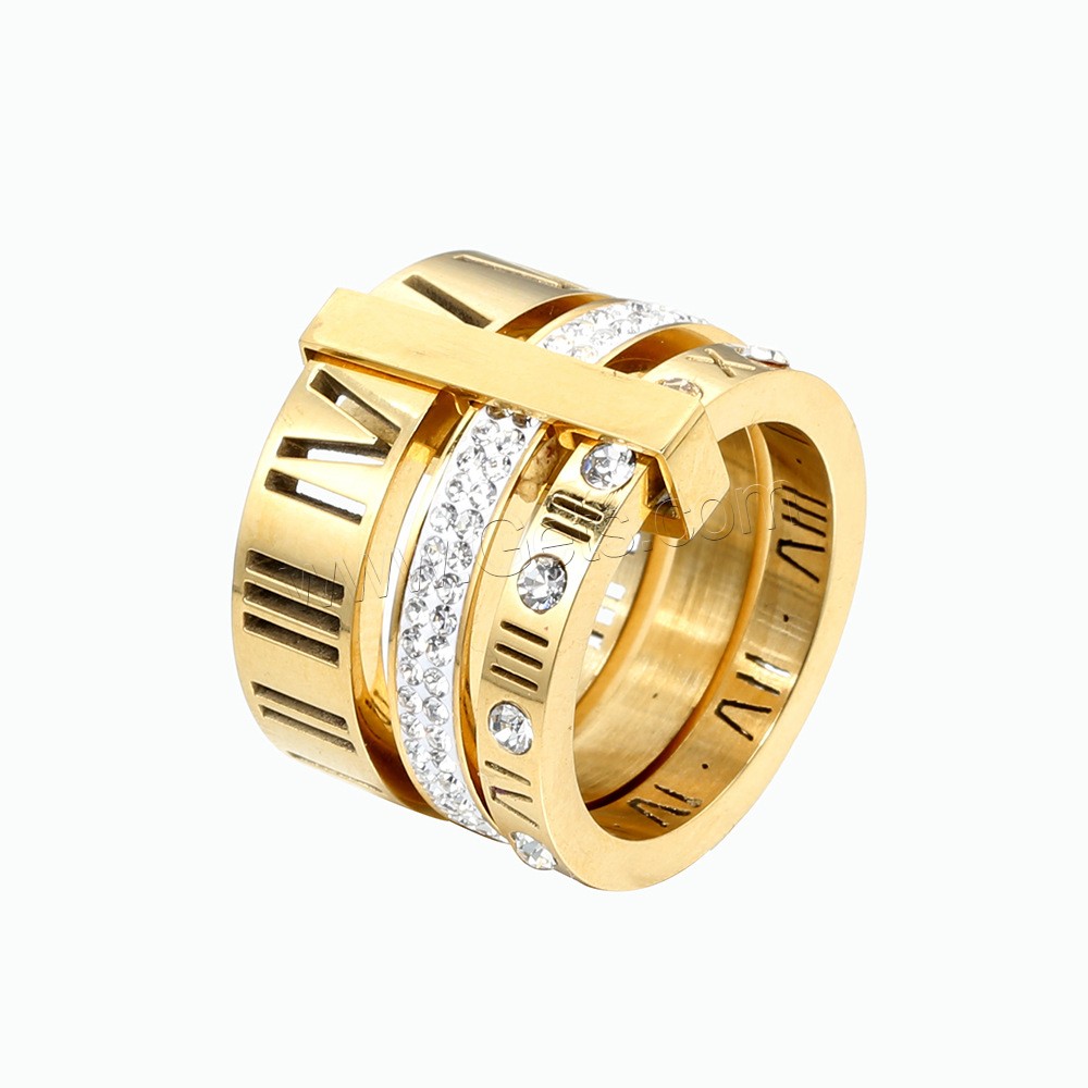 Bague en acier inoxydable , Acier inoxydable 304, Placage ionique sous vide, avec chiffre romain & unisexe & normes différentes pour le choix & avec strass, plus de couleurs à choisir, Taille:6-12, Vendu par fixé