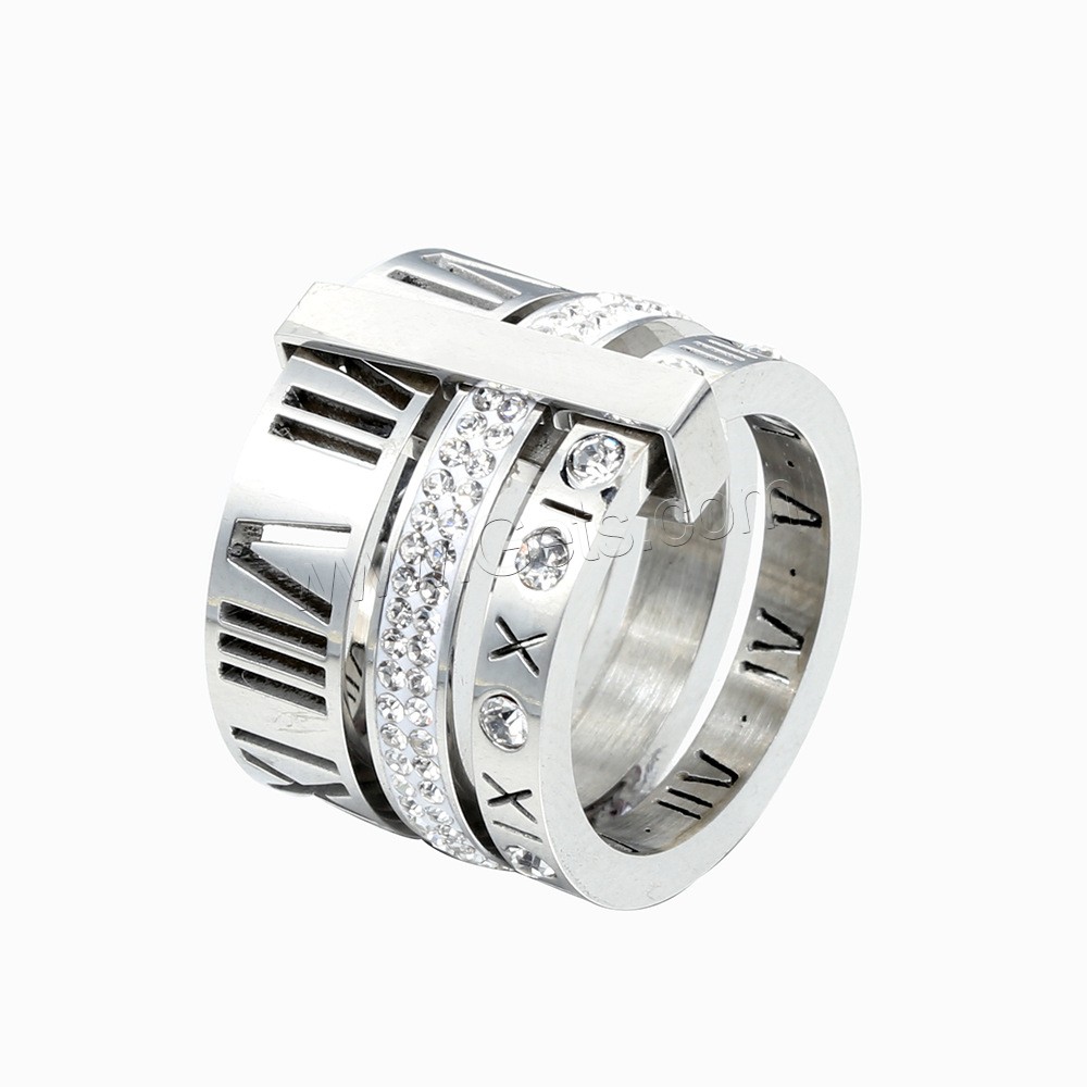 Bague en acier inoxydable , Acier inoxydable 304, Placage ionique sous vide, avec chiffre romain & unisexe & normes différentes pour le choix & avec strass, plus de couleurs à choisir, Taille:6-12, Vendu par fixé