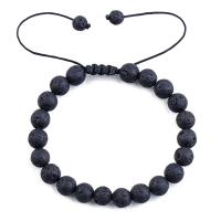 Lava Bead Bracelet, with Polyester Cord, Round, Unisex, black, 55mm 