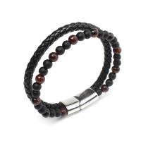 Pulseras de piedra del ojo del tigre, Partículas de acero, con Piedra Abrazine & Cuero de vaca & Ojo de tigre, Doble capa & para hombre, negro y rojo, 6mm, longitud:aproximado 8.26 Inch, Vendido por UD