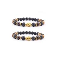 Edelstein Armbänder, Lava, mit Tigerauge & Zinklegierung, Buddha, goldfarben plattiert, elastisch & unisex, gemischte Farben, 8mm, Länge:7.5 ZollInch, verkauft von PC