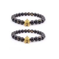 Glasperlen Armbänder Schmuck, mit Zinklegierung, Maske, goldfarben plattiert, elastisch & unisex, schwarz, 8mm, Länge:7.5 ZollInch, verkauft von PC