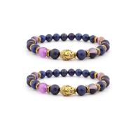 Edelstein Armbänder, Lapislazuli, mit violetter Chalzedon & Zinklegierung, Buddha, goldfarben plattiert, elastisch & unisex, gemischte Farben, 8mm, Länge:7.5 ZollInch, verkauft von PC